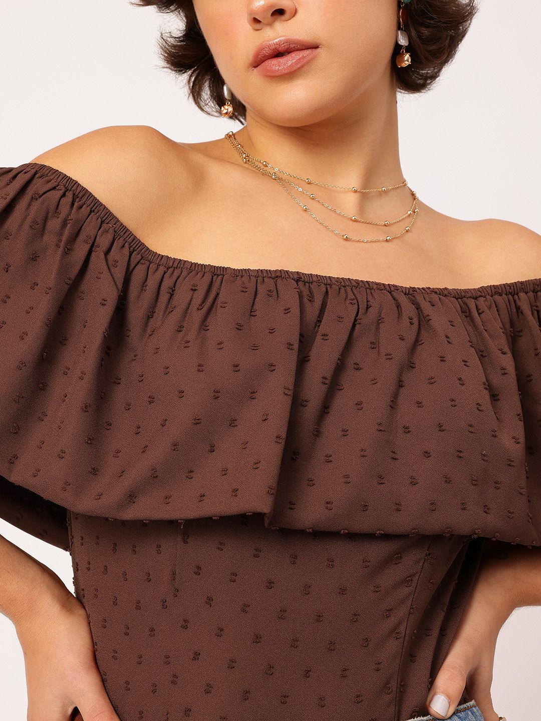 DressBerry Dobby Dreams Ruffled Bardot Crop Top