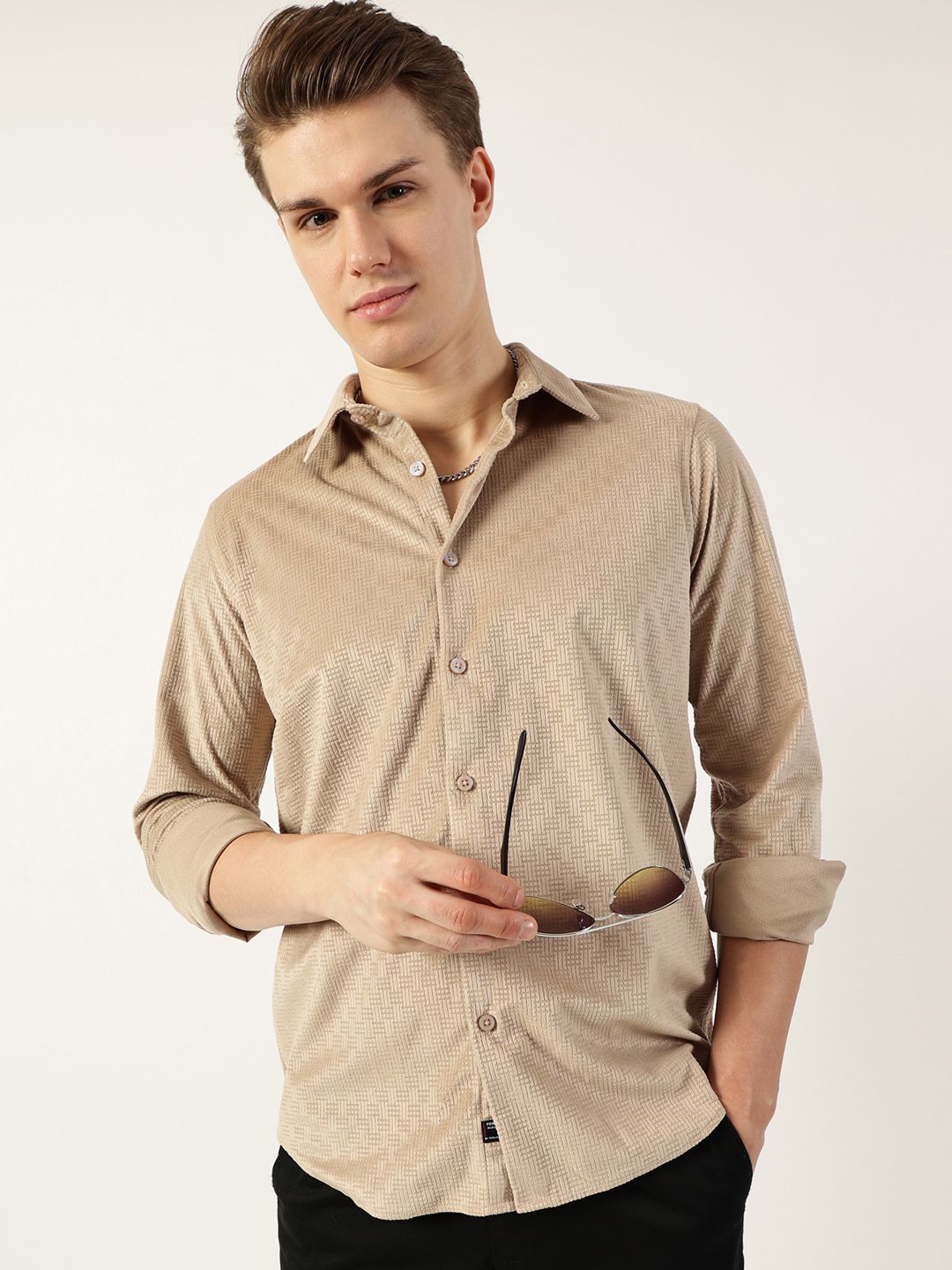 Thomas Scott Men Classic Spread Collar Textured Solid Slim Fit Casual Shirt
