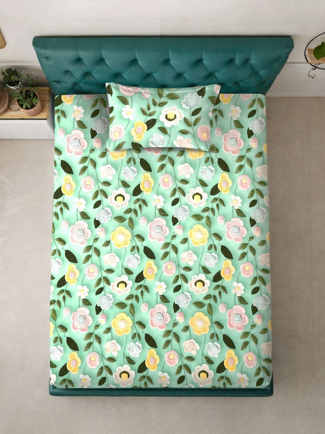 KLOTTHE Pink & Green Floral Printed Fitted 300 TC Single 7D Bedsheet With Pillow Cover