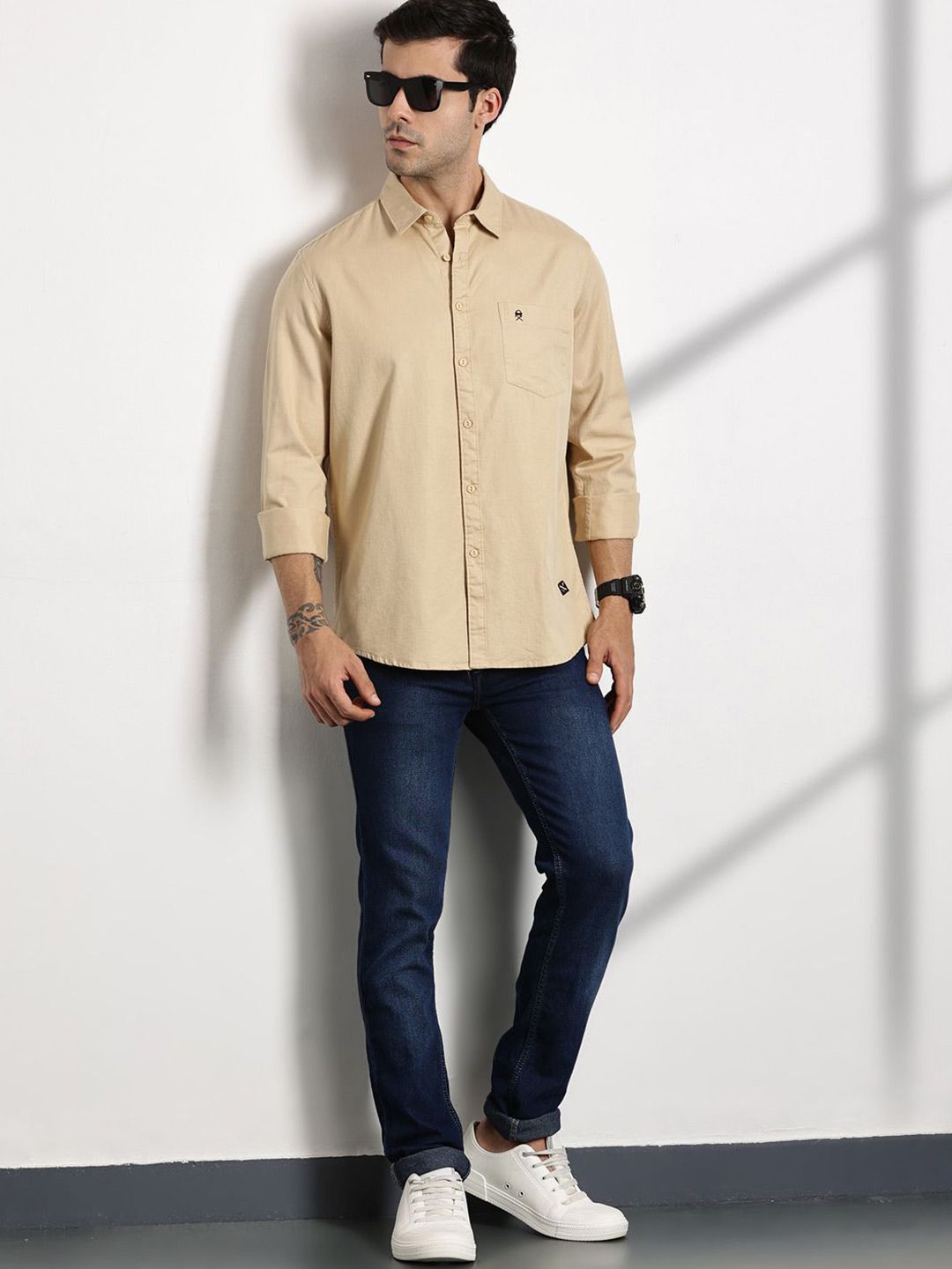 Thomas Scott Men Standard Slim Fit Spread Collar Solid Cotton Casual Shirt