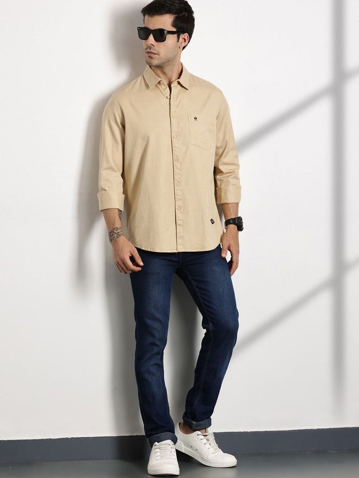 Thomas Scott Men Standard Slim Fit Spread Collar Solid Cotton Casual Shirt