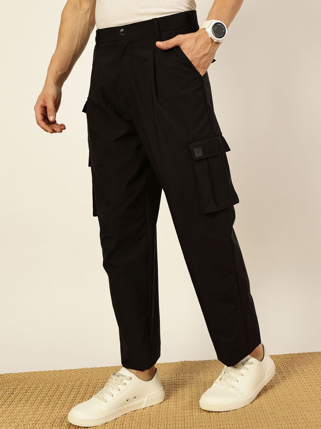 Thomas Scott Men Smart Loose Fit Mid-Rise Easy Wash Pleated Cargos Trousers