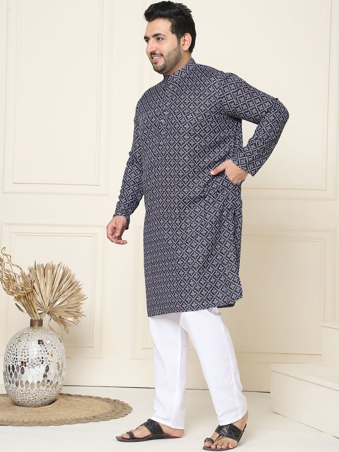 SOJANYA PLUS Motif Etnik Bercetak Kolar Mandarin Kurta Lurus Kapas Tulen dengan Piyama