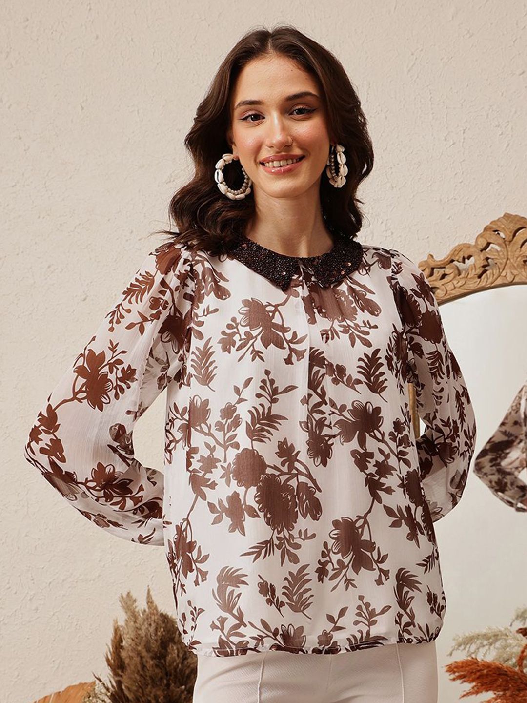 Quiero Women Floral Dicetak Peter Pan Collar atas