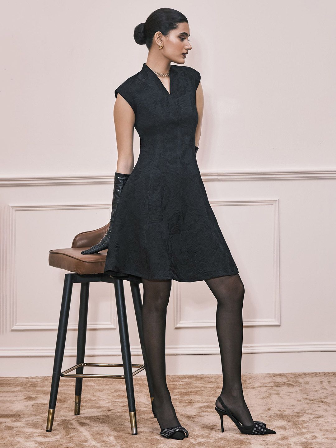 AND Self Design V-Neck Extended Sleeves Fit & Flare Above Knee Dress