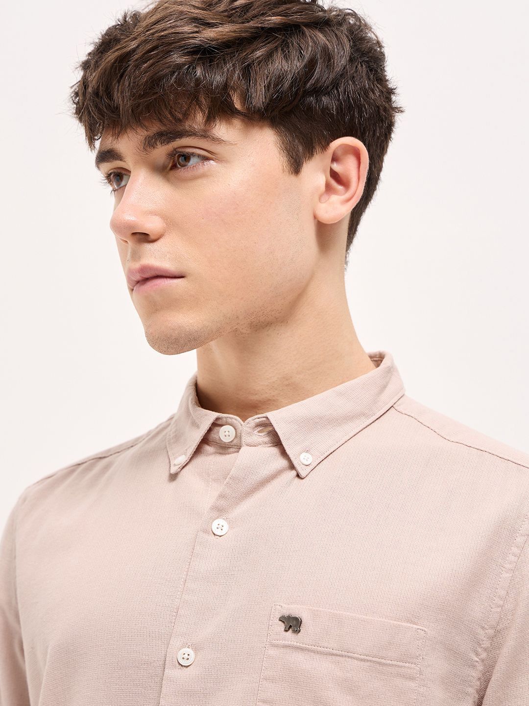 THE BEAR HOUSE Pure Cotton Button-Down Collar Solid Slim Fit Shirt