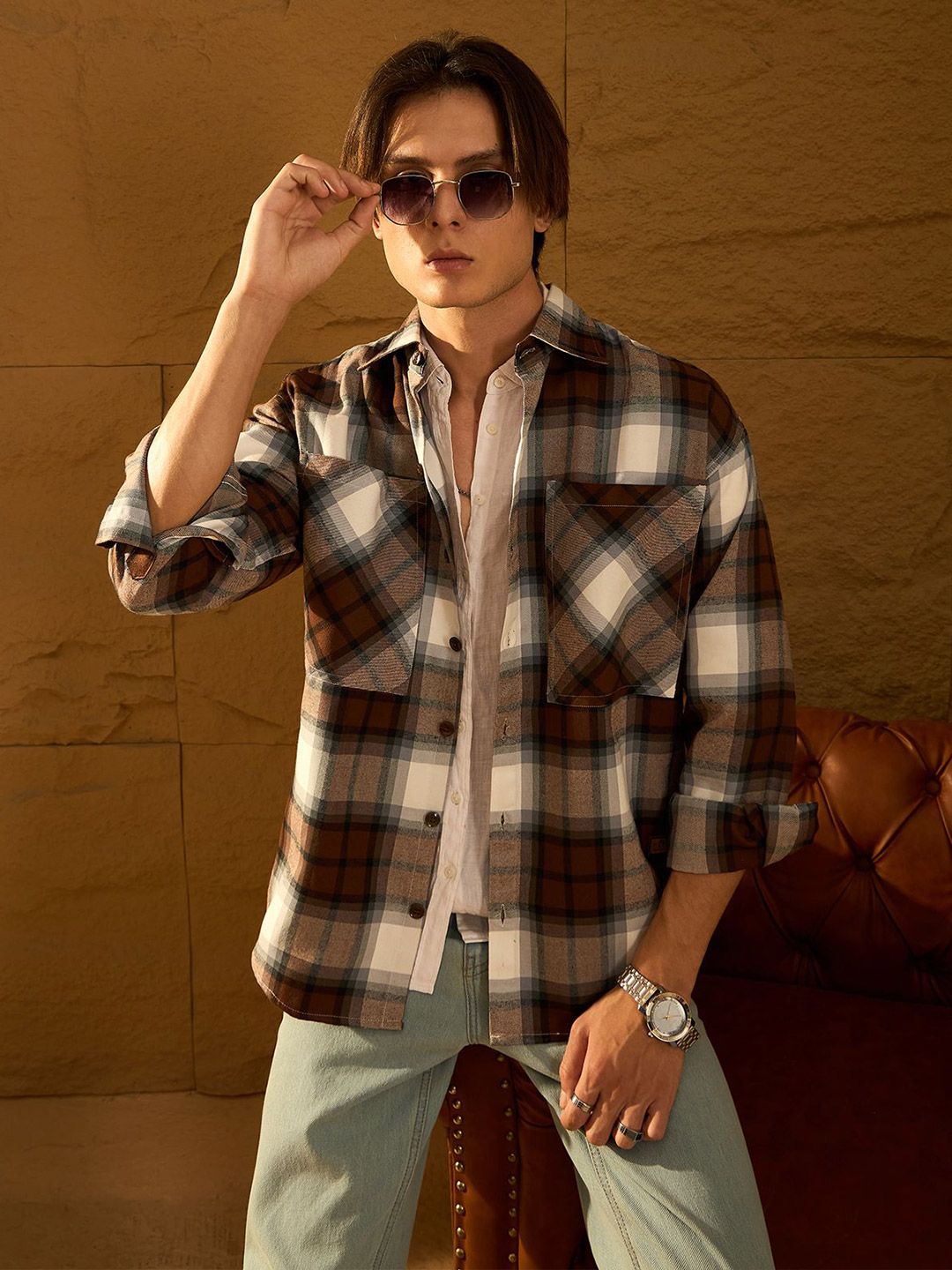 DENNISON Men Double Pocket Drop Shoulder Oversized Cotton Checked Shacket