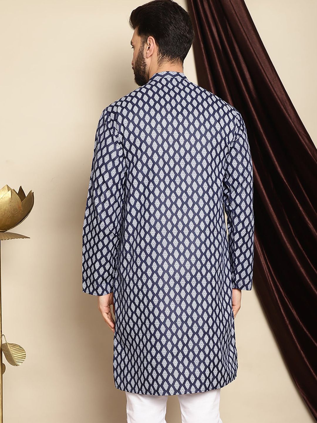 Anouk Navy Blue Ethnic Motif Printed Band Collar Straight Kurta