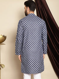 Anouk Navy Blue Ethnic Motif Printed Band Collar Straight Kurta