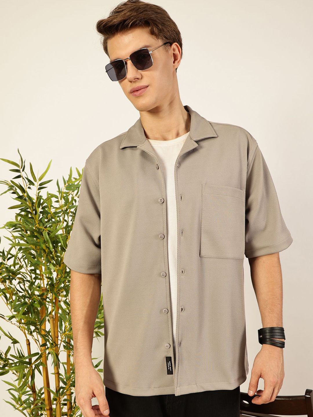 Thomas Scott Men Premium Cuban Collar Textured Casual Shirt