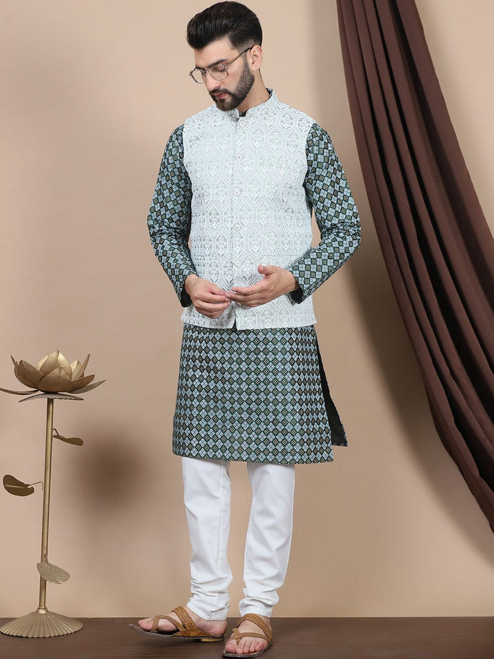 Motif Etnik Biru Anouk Bersulam Benang Lurus Bekerja Kurta Kapas Tulen dengan Churidar