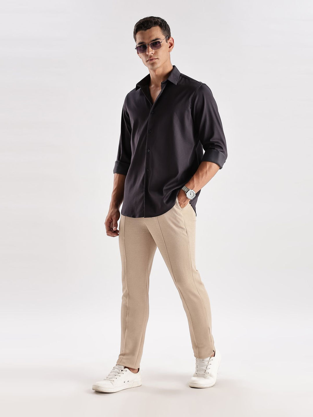 Baju Kasual Satin Pejal ADRO Lelaki Slim Fit