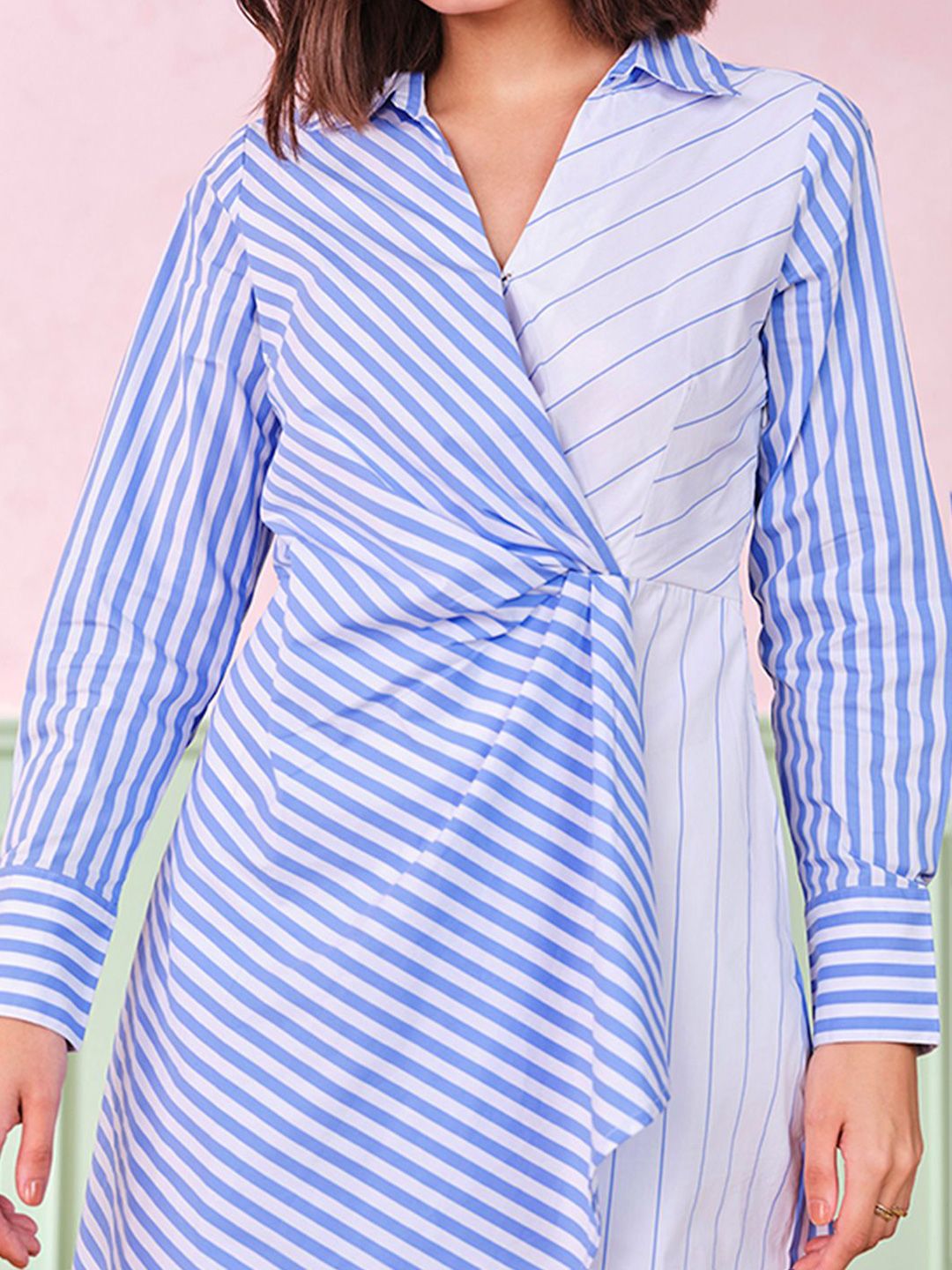 AND Striped Shirt Collar A-Line Dress