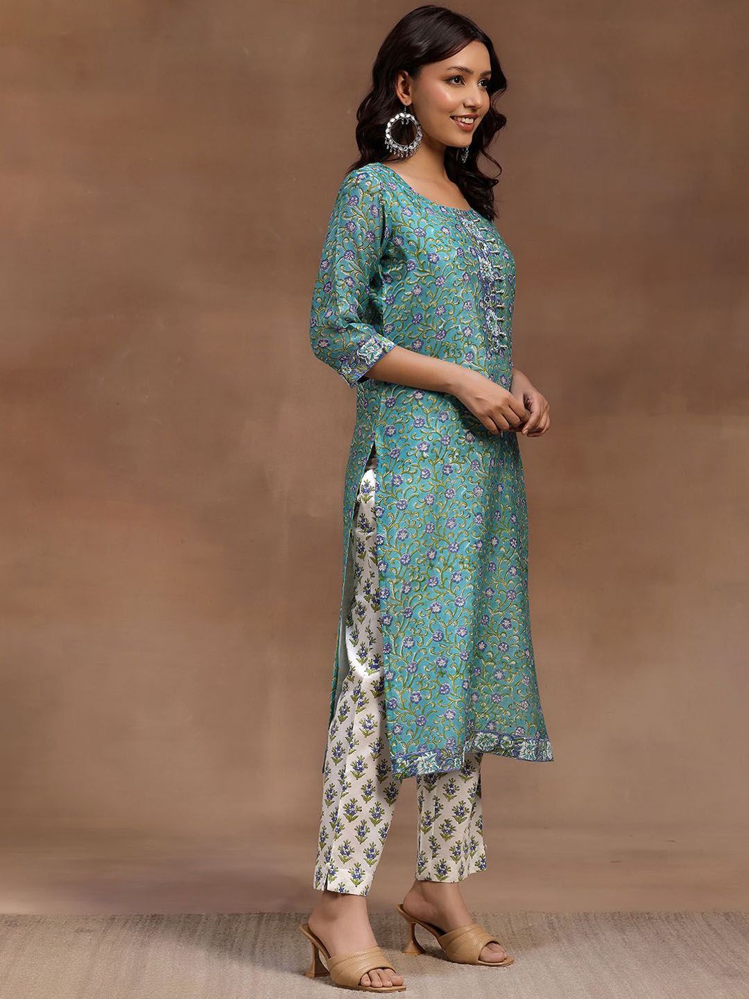Libas Floral Printed Regular Pure Cotton Straight Kurta with Trousers & Dupatta