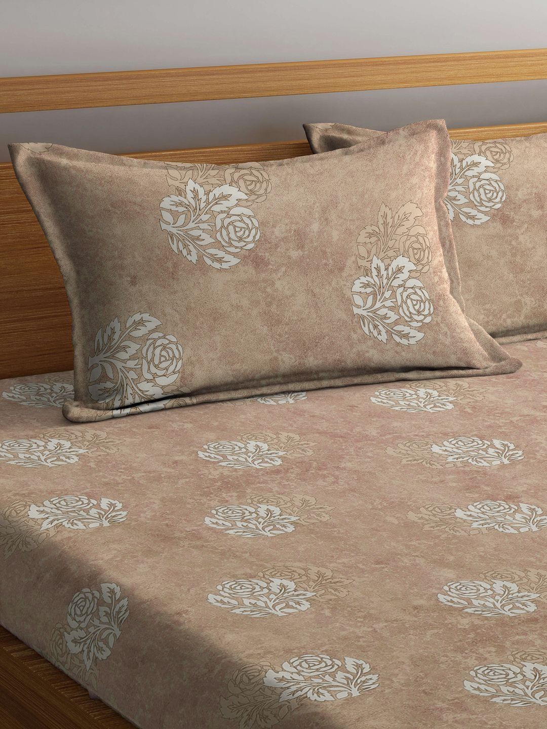 Myntra Elegant Homes Beige Floral 400 TC King Bedsheet with 2 Pillow Covers