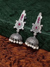 Anouk Silver-Plated Artificial Stones Studded & Beaded Dome Shaped Jhumkas