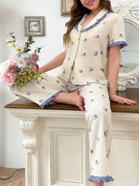 DressBerry Women Floral Printed Lapel Collar Shirt Pyjamas Night suit