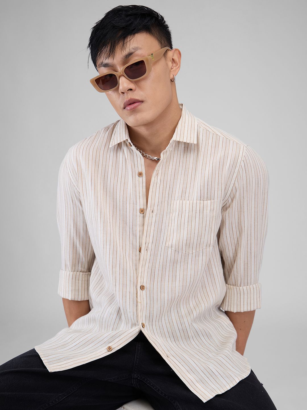 VASTRADO Men Classic Spread Collar Vertical Striped Cotton Slim Fit Casual Shirt