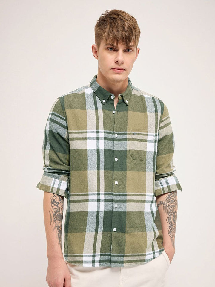 THE BEAR HOUSE Men Button-Down Collar Checked Cotton Slim Fit Casual Shirt