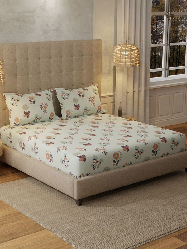 URBAN SPACE Grey & Orange Floral 200 TC Cotton Queen Bedsheet Set 1.27 m x 1.98 m