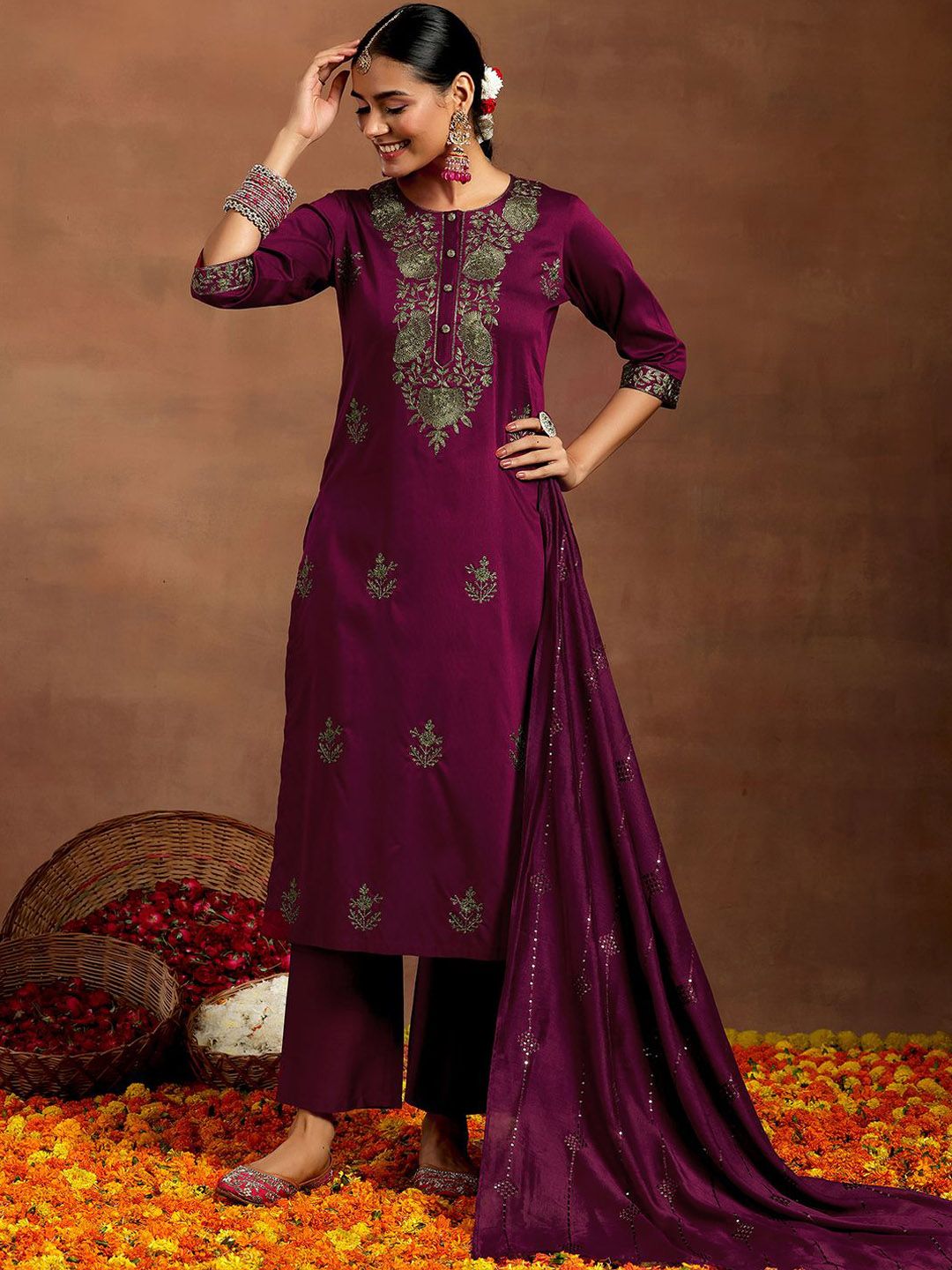 Gerua By Libas Floral Embroidered Thread Work Straight Kurta With Trousers & Dupatta
