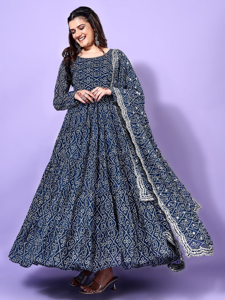 KALINI Bandhani Printed Tiered Georgette Anarkali Kurta With Trouser & Dupatta