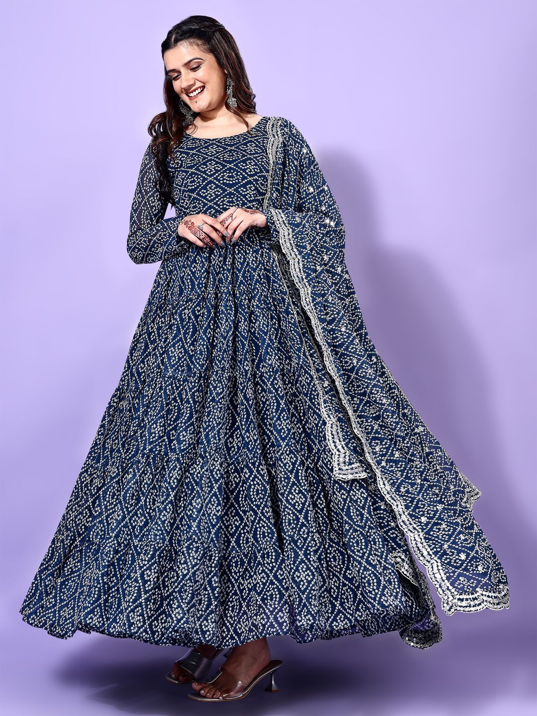 KALINI Bandhani Printed Tiered Georgette Anarkali Kurta With Trouser & Dupatta