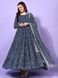 KALINI Bandhani Printed Tiered Georgette Anarkali Kurta With Trouser & Dupatta