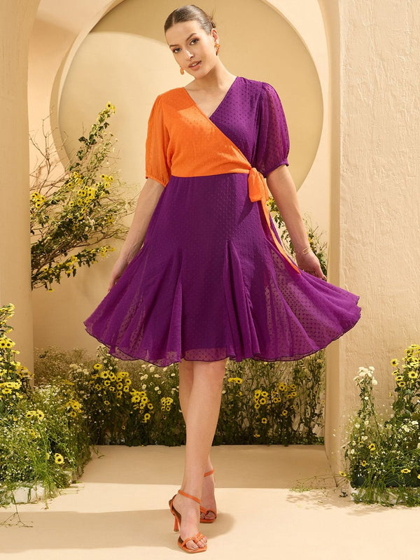 Antheaa Women Colourblocked Layered Dobby Weave Chiffon Wrap Dress