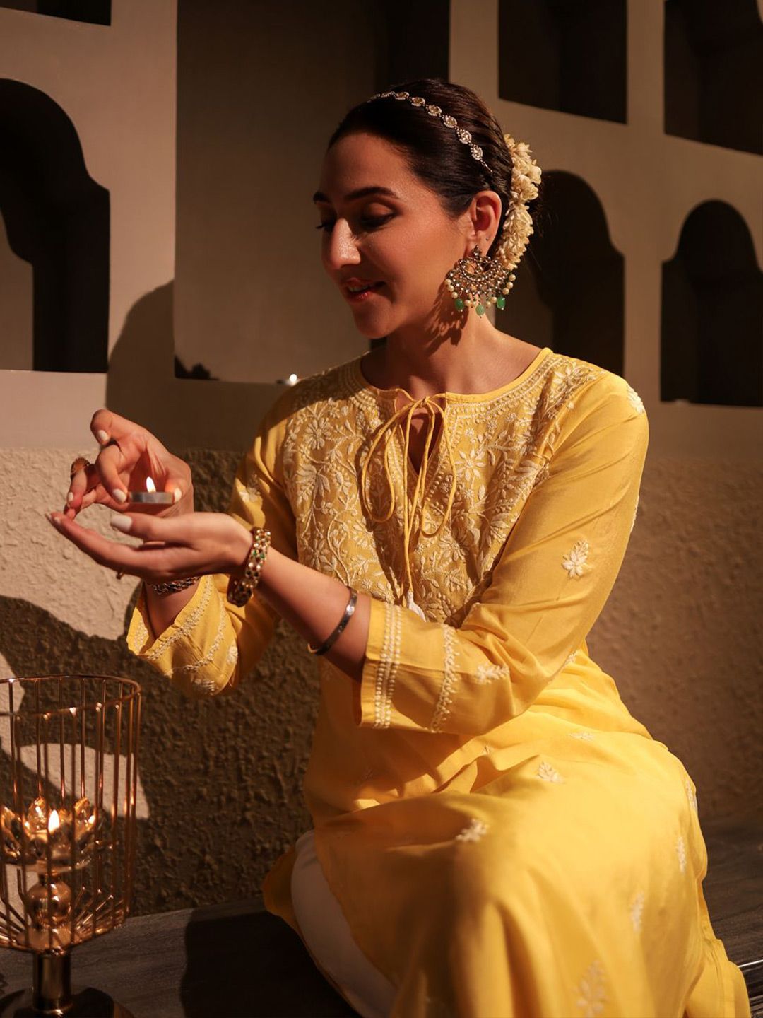 House of Chikankari Women Yellow Printed Cotton A-Line Kurta