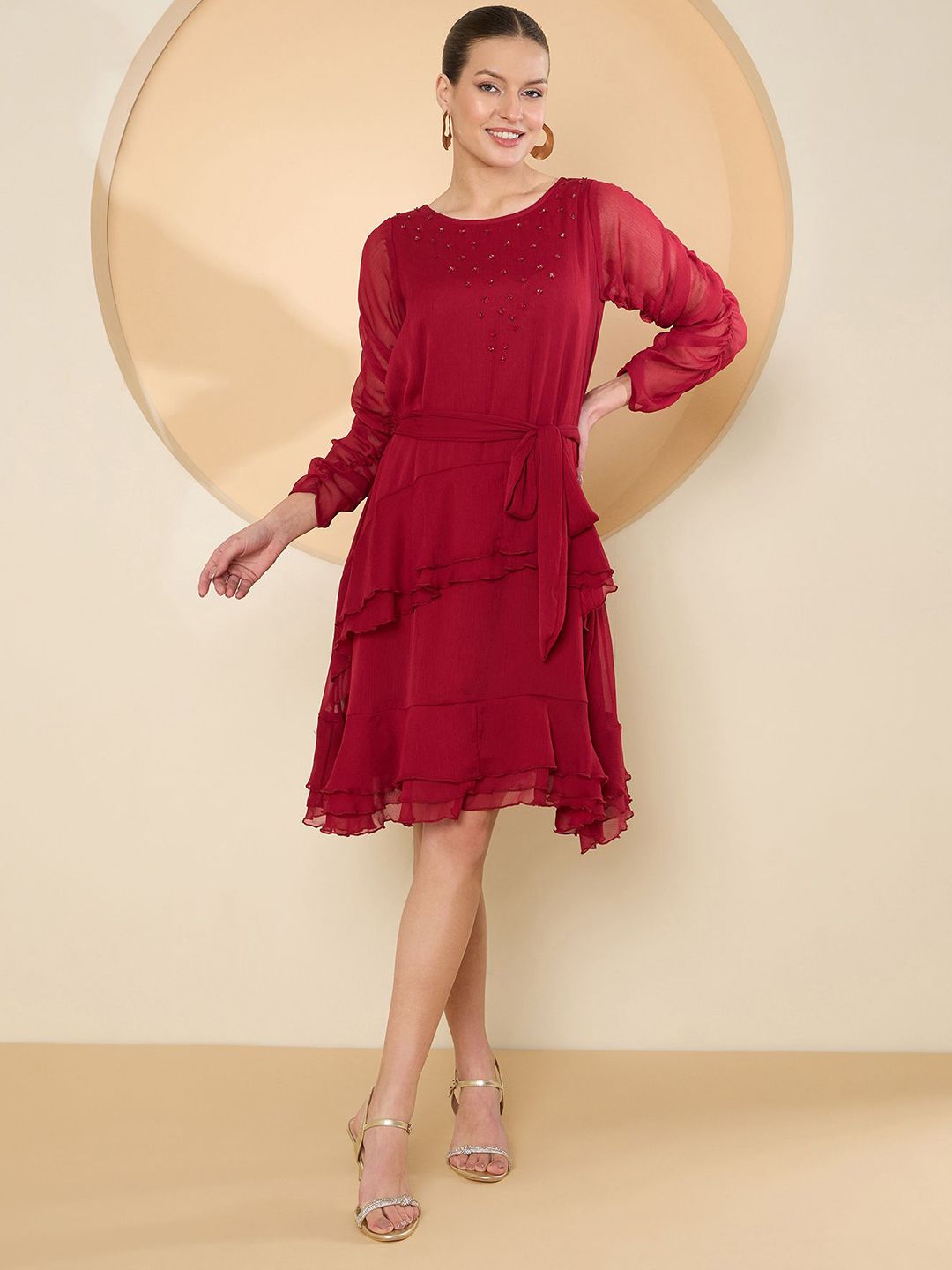 Antheaa Women Chiffon Fit & Flare Embellished Dress