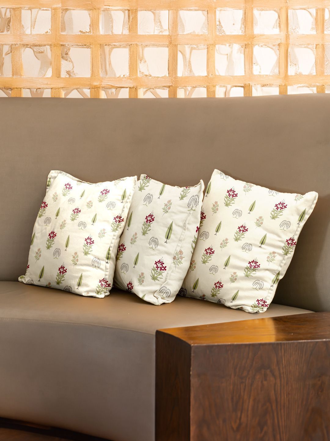 URBAN SPACE Red & White 3 Pieces Floral Printed Cotton Square Cushion Covers