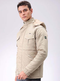 The Indian Garage Co Men Beige Solid Hooded Neck Padded Parka Jacket