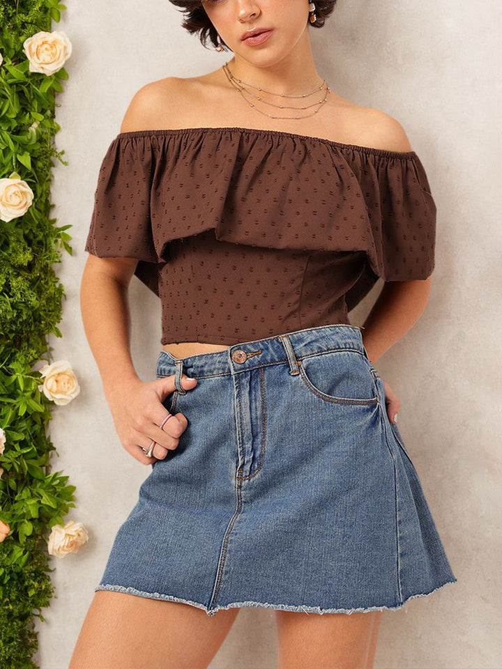DressBerry Dobby Dreams Ruffled Bardot Crop Top