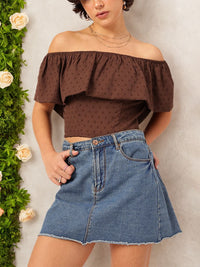 DressBerry Dobby Dreams Ruffled Bardot Crop Top