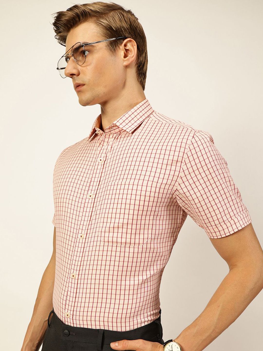 Thomas Scott Men Smart Cutaway Collar Gingham Checked Cotton Formal Shirt