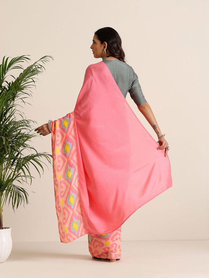 trueBrowns Pink Lime Muslin Ikat Saree
