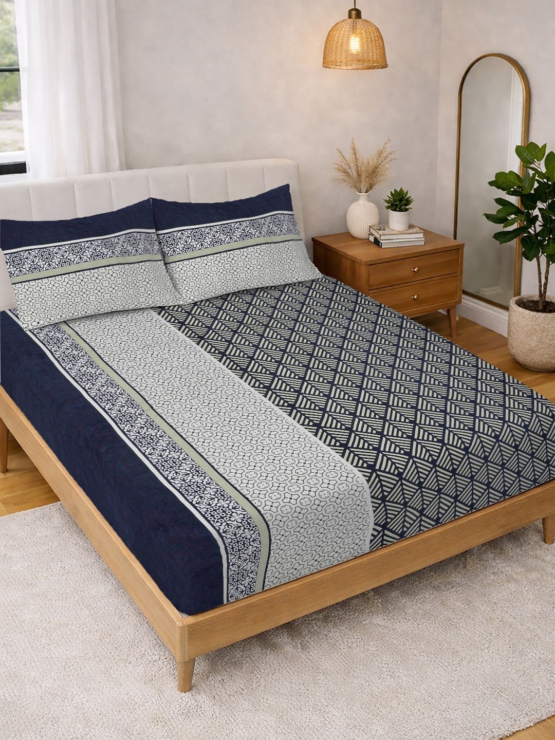 Myntra Elegant Homes Multicolor Geometric 300 TC King Double Bedsheet dengan 2 Sarung Bantal