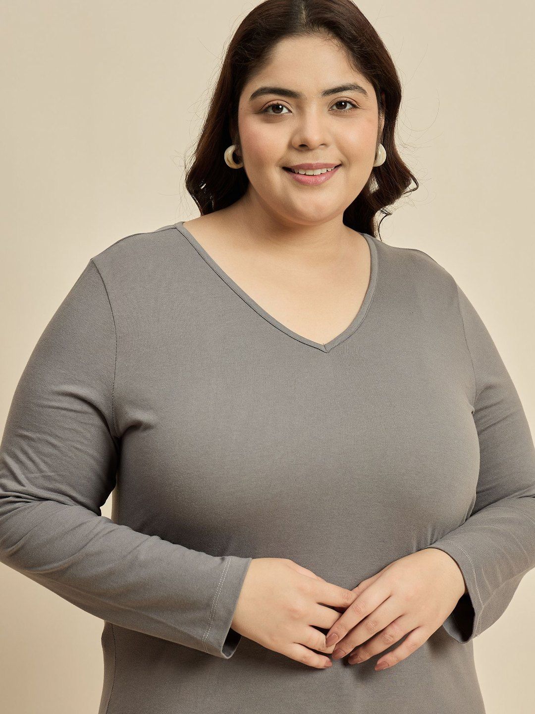 CURVY STREET Women Solid V-Neck Cotton Plus Size T-shirt