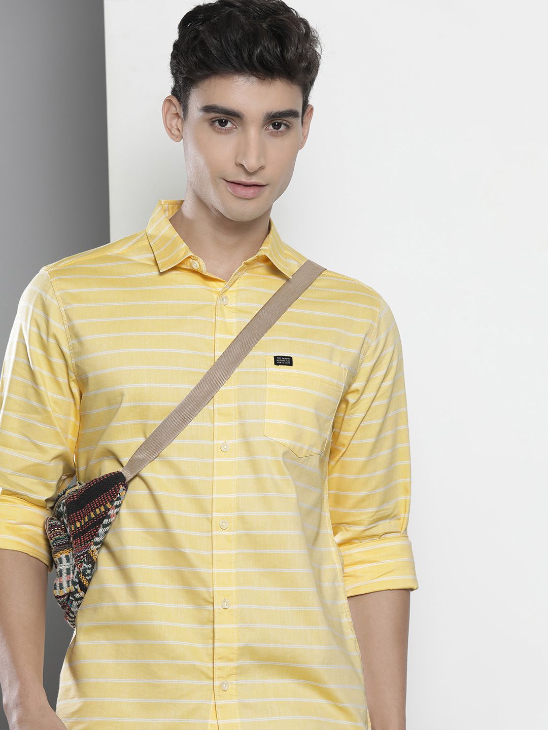 The Indian Garage Co Men Yellow Cotton Smart Slim Fit Striped Casual Shirt