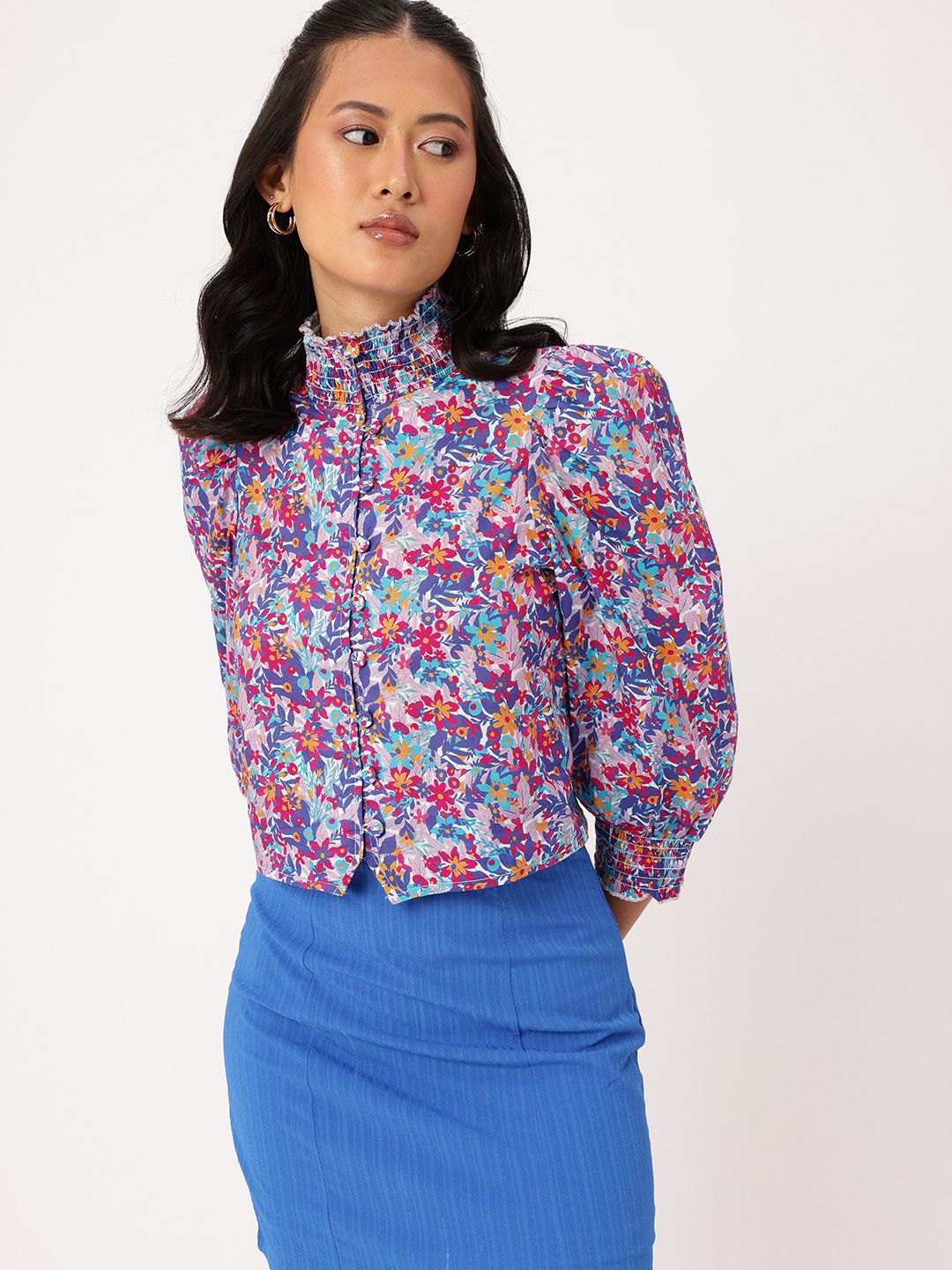 DressBerry Floral Print High Neck Smocked Puffed Shirt Style Top