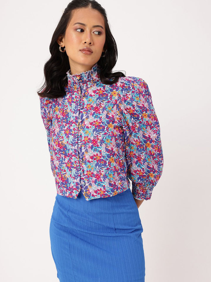 DressBerry Floral Print High Neck Smocked Puffed Shirt Style Top