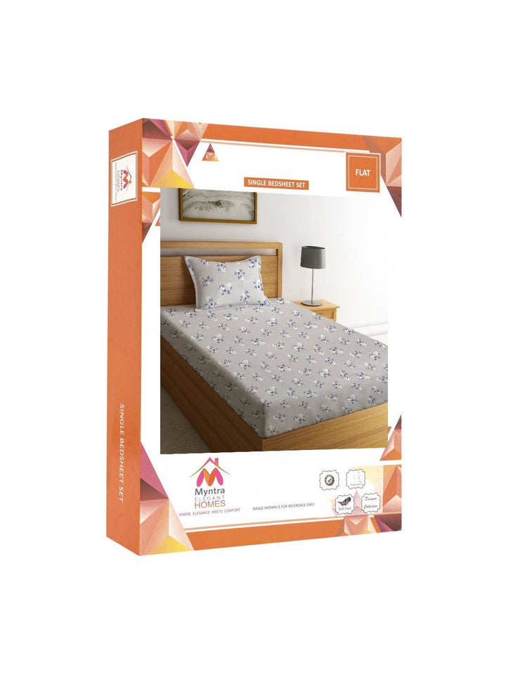 Myntra Elegant Homes Grey Floral Polycotton 300 TC Single Cadar Halus dengan Sarung Bantal-87 x 59 inci