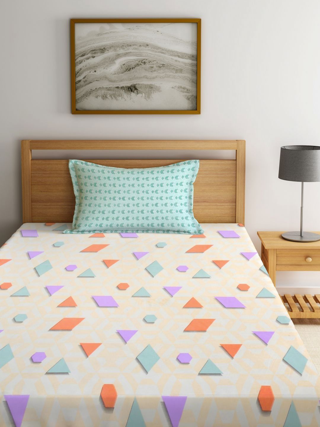Myntra Elegant Homes Beige Geometric Cotton 300 TC Single Fine Bedsheet with a Pillow Cover-87 x 59 inches