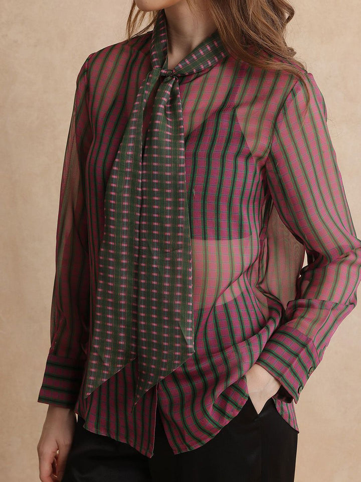 RAREISM Women Checked Tie-Up Neck Shirt Style Top