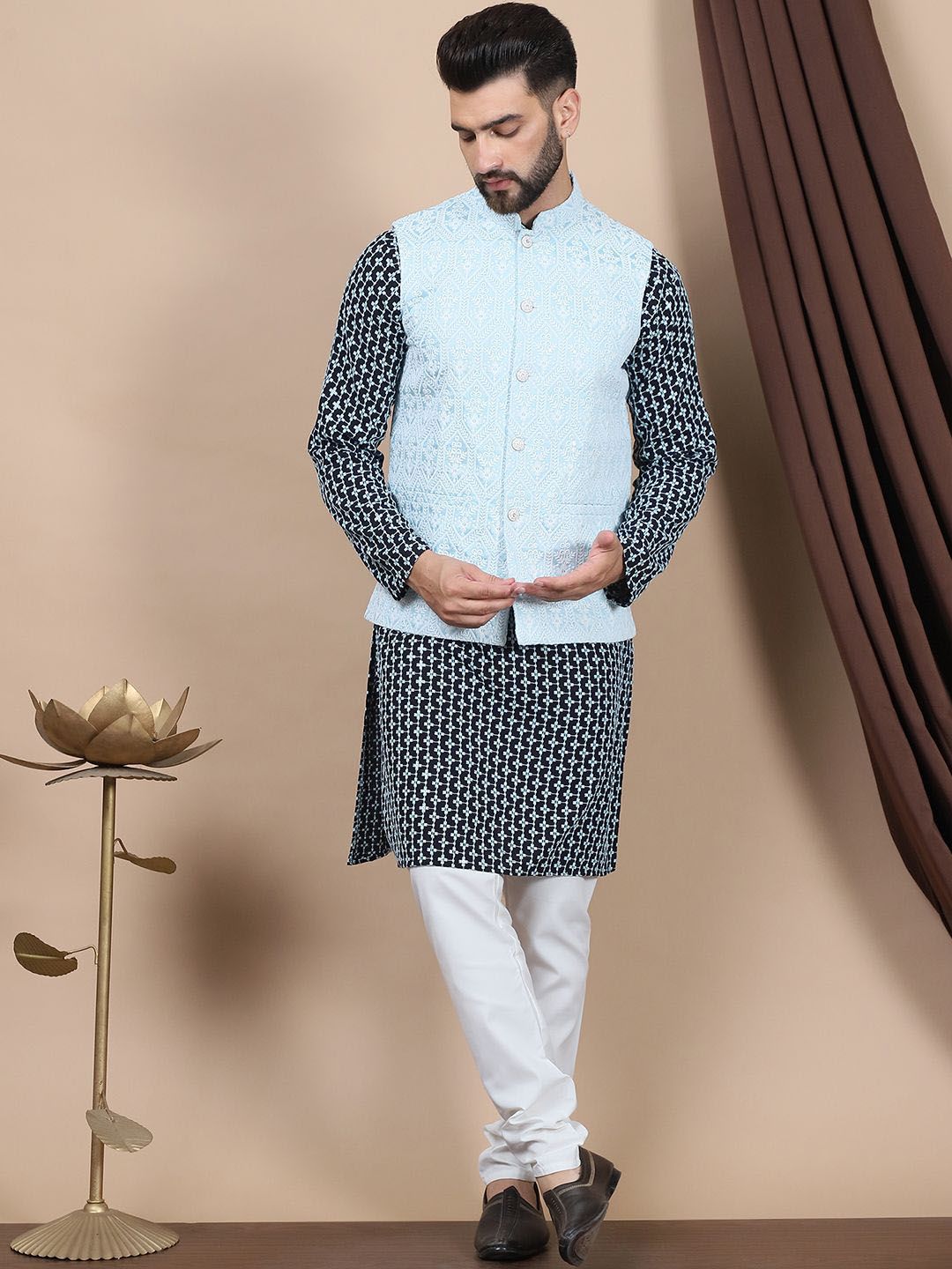 Anouk Blue Ethnic Motifs Embroidered Straight Thread Work Pure Cotton Kurta with Churidar