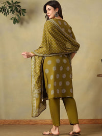 Mamicha Women Ethnic Motifs Printed Regular Mirror Work Pure Cotton Kurta with Trousers & With Dupatta