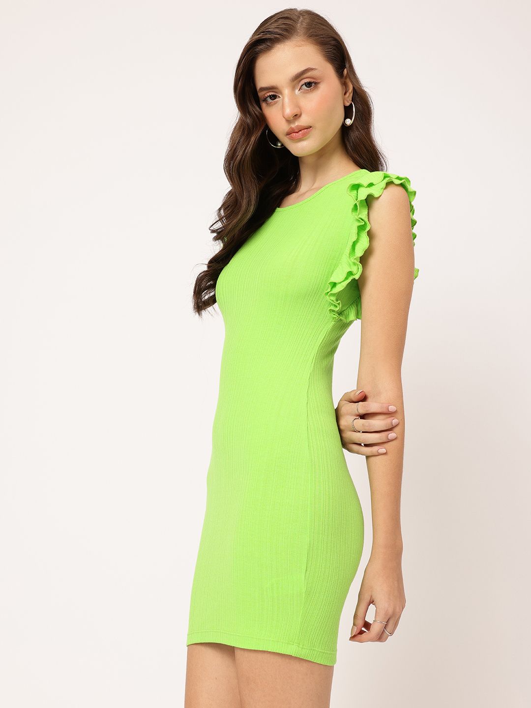 DressBerry Romantic Casual Ruffled Ribbed Mini Bodycon Dress