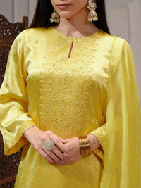 Vishudh Women Lime Embroidered Straight Kurta with Regular Pants and Organza Dupatta