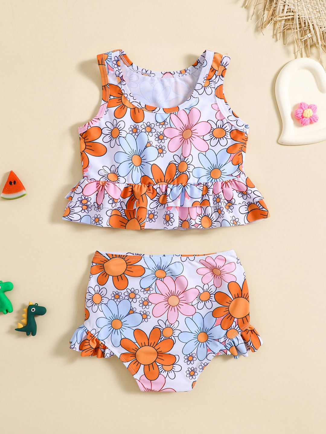 YK Girls Floral Printed Top & Shorts Swim Set